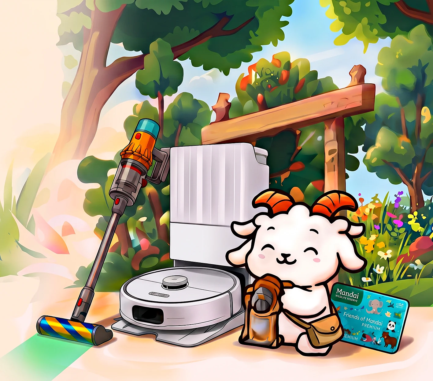 A Dyson stick vacuum, a Roborock robot vacuum with dock and the goat with a Friends of Mandai membership card in a leafy park