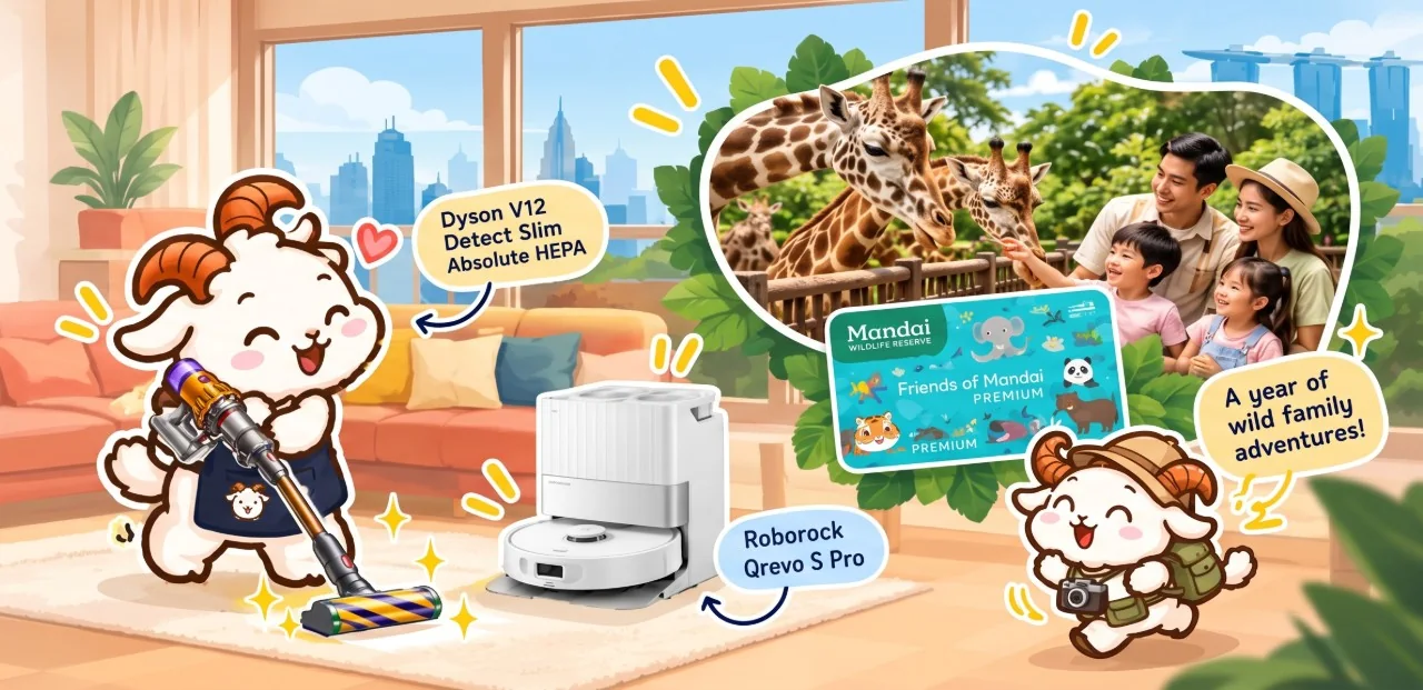 The Good Things goat with a Dyson V12 Detect Slim Absolute HEPA (Yellow/Nickel) vacuum, a Roborock Qrevo S Pro and a Friends of Mandai Premium membership for a family wildlife adventure