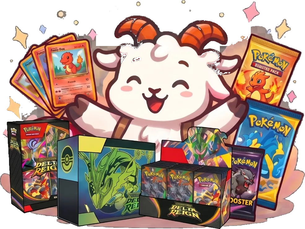 The goat cheering with trading cards and booster packs