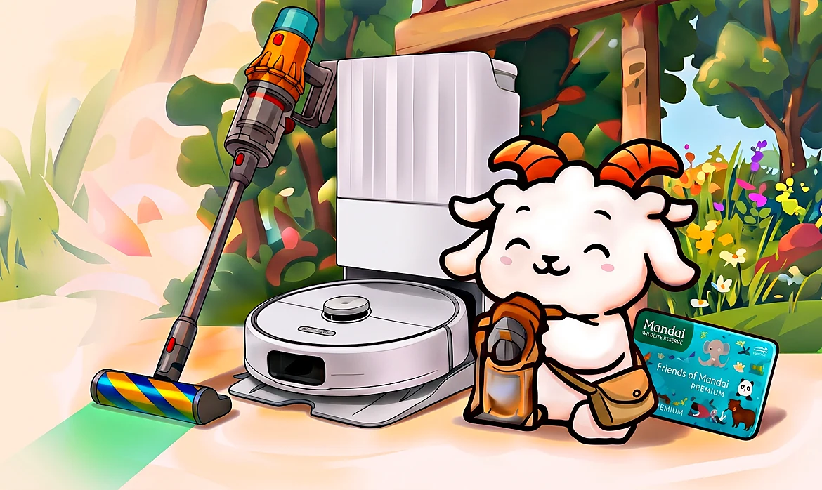 A Dyson stick vacuum, a Roborock robot vacuum with dock and the goat with a Friends of Mandai membership card in a leafy park