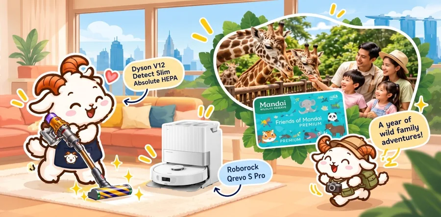 The Good Things goat with a Dyson V12 Detect Slim Absolute HEPA (Yellow/Nickel) vacuum, a Roborock Qrevo S Pro and a Friends of Mandai Premium membership for a family wildlife adventure