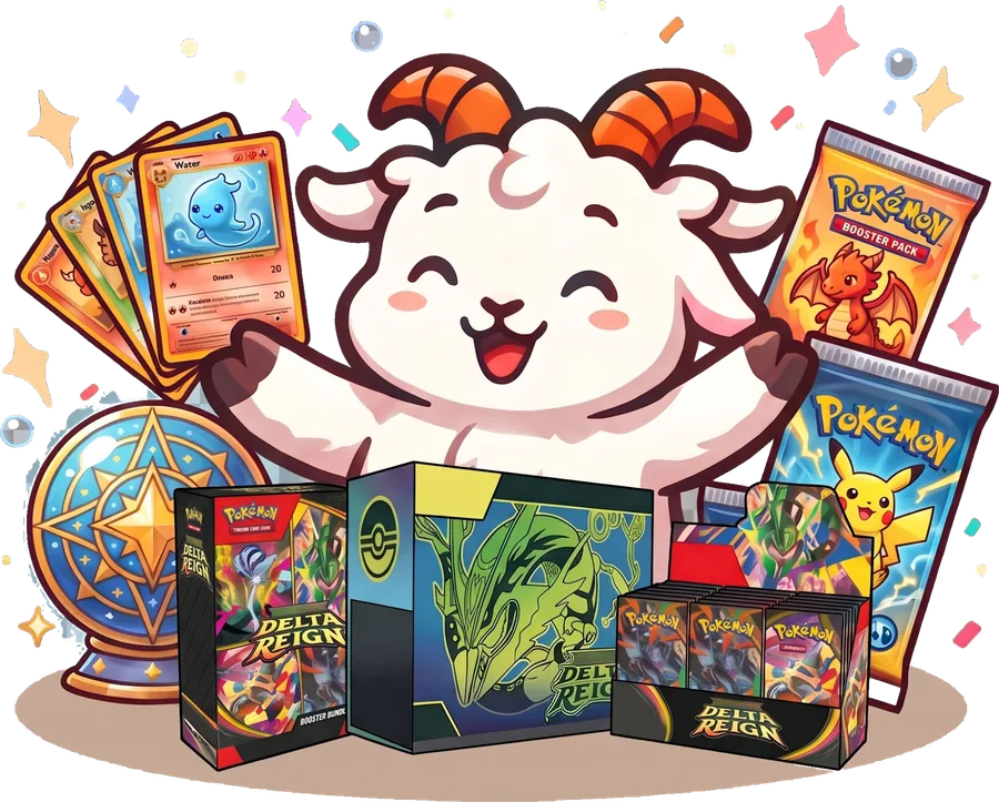 The goat cheering with trading cards and booster packs