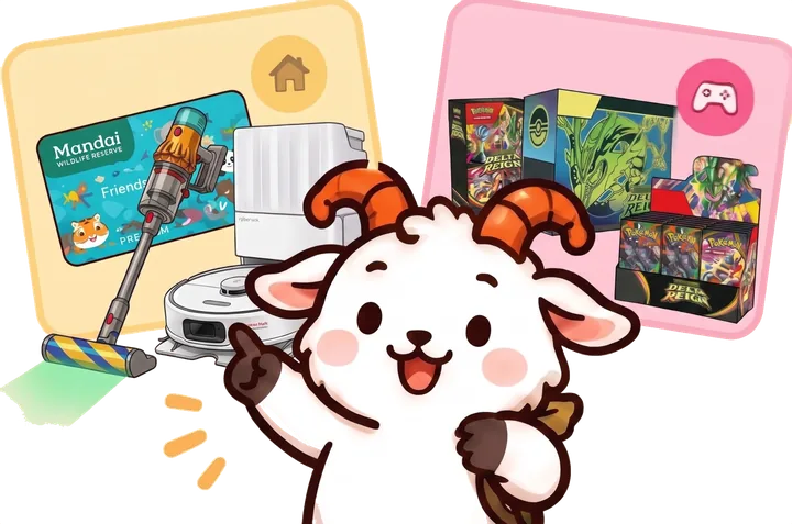 The goat pointing at the Happy Home & Family and Happy Trainer prizes